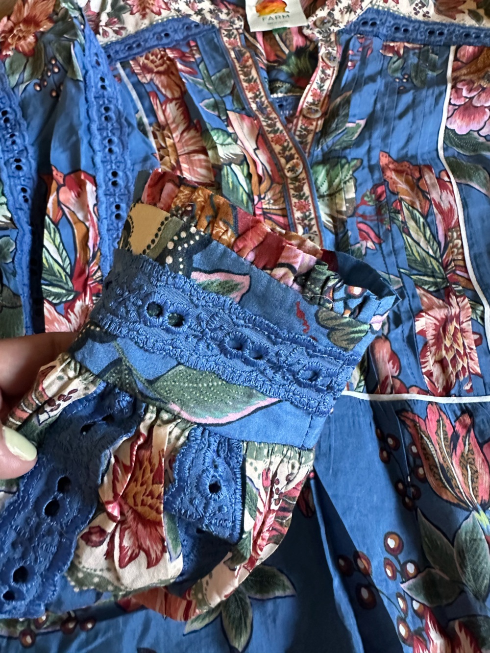 🌺 FARM Rio Wonderful Bouquet Blue Floral Long Sleeve Blouse | Size XS - Picture 11 of 16